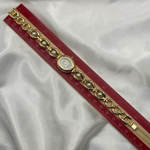 Women's Dainty Gold and White Pearl Bracelet Watch - Picture 6 of 7